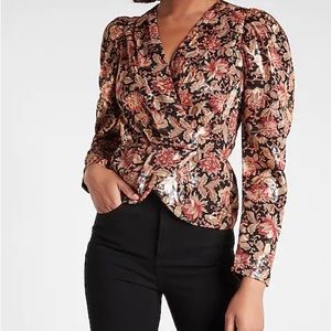 Metallic Printed Faux Wrap Front Peplum Top